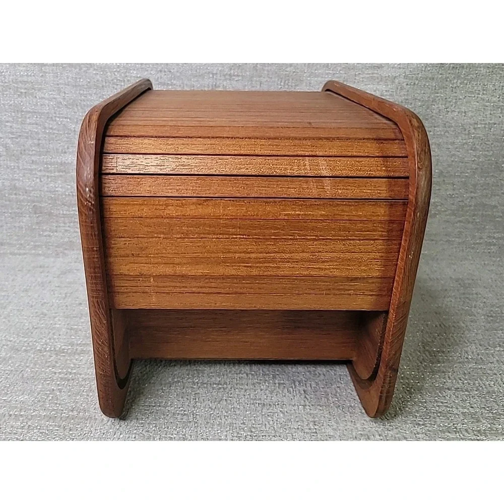 VTG Kalmar Design Teak Wood Roll Top Storage Box Desk Recipe Box CD Floppy Disks